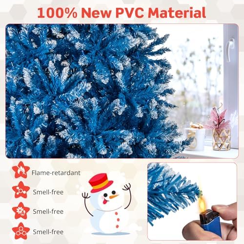 HAPPYGRILL 9 FT Pre-lit Christmas Tree Blue Hinged Artificial Xmas Tree with 520 Warm White LED Lights, 8 Modes, 1938 Frosted Branch Tips, Folding Metal Base, for Home Party Holiday
