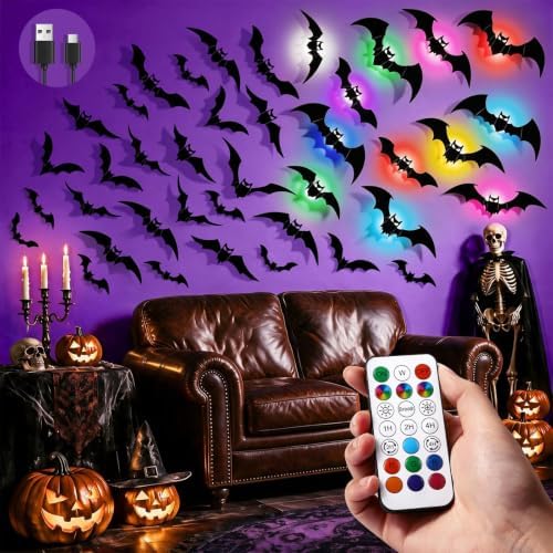LUDILO 48P Bats Halloween Decorations + 12P Rechargeable Lights with Remote