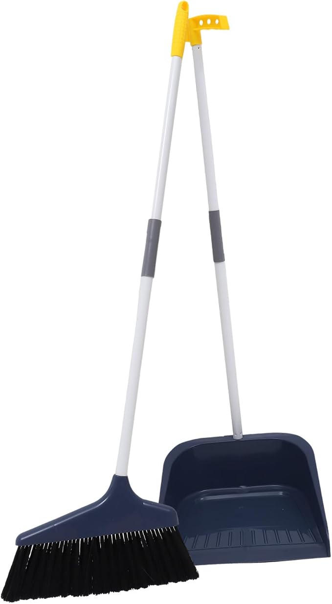 VOSAREA Broom and Dustpan Set, Heavy Duty Dust Pan and Broom with Long Handle, Standing Dustpan Set Household Floor Cleaning Tools for Home Kitchen Indoor Sweeping Blue