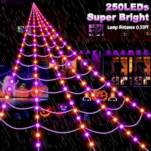Halloween Decorations Outdoor, 250 LED Halloween Giant Spider Web Lights, 200" Lighted Spiderweb Light up with 8 Modes for Yard Haunted House Decor, Remote Control Without Spider Purple Orange