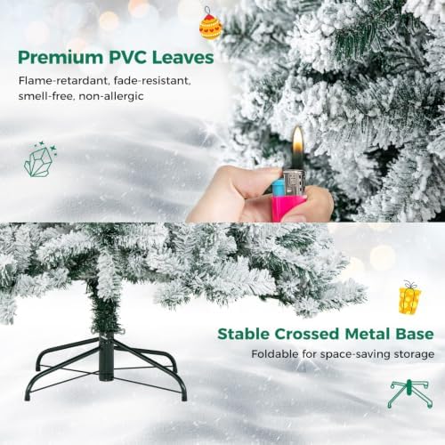 HAPPYGRILL 7.5 Feet Flocked Christmas Tree Artificial Xmas Tree with 1010 PVC Branch Tips, Hinged Xmas Tree Life-Like Seasonal Holiday Tree for Home Office