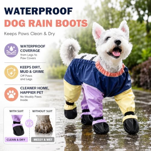 Waterproof Dog Boots Rain Boots with Suspender, Dogs Shoes Paw Protector for Small Medium Puppy, Anti-Slip Doggy Boot Belly Protector, Rain Booties Snow Pants Dogs Suspender Booties Leggings(L,colord)
