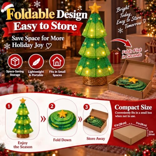 27.5-Inch Lighted Christmas Tree for Outdoor Christmas Decorations, Battery Operated Pop-Up Decor with 45 Warm White LEDs, 8 Lighting Modes, Timer, Collapsible Design for Porch, Yard and Lawn