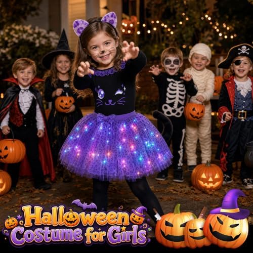 GIFTINBOX Cat Costume for Girls, Light Up Kids Halloween Cheetah Outfit