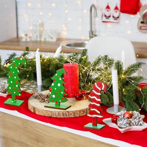Meooeck 3 Pack Whimsical Wood Christmas Tree Lime Green Tabletop, Lines