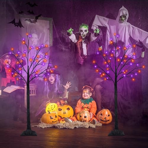 2 Pack 4FT Black Halloween Tree with 100 LED Orange and Purple Lights