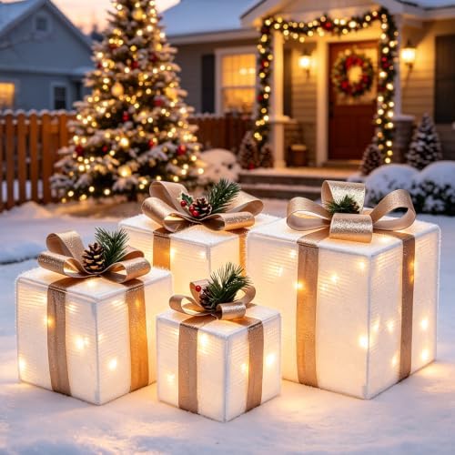 DomKom Set of 4 Christmas Lighted Gift Boxes, 70 Led Light Up White Iron Frame Present Box with Pine Cones Bows for Christmas Tree Party Yard Holiday Indoor Outdoor Decoration