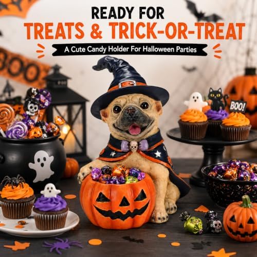 Halloween French Bulldog Candy Bowl, Witch Dog Statue Pumpkin Holder