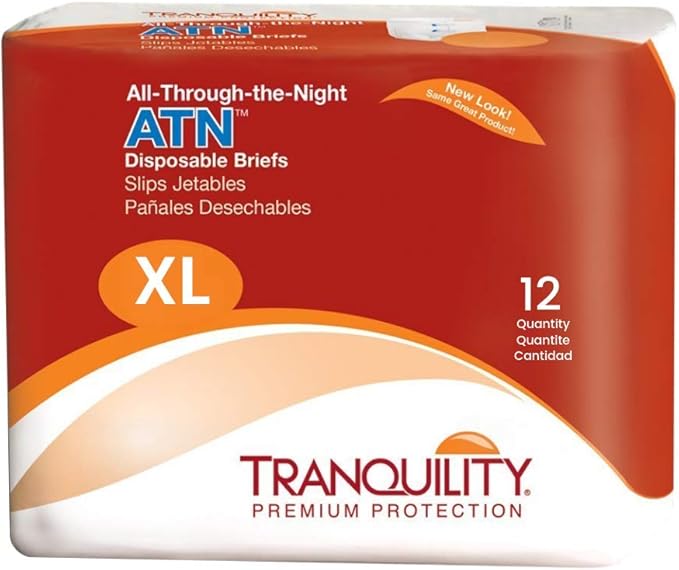 Tranquility Premium ATN Disposable Briefs with Tabs, Overnight Protection Superabsorbent Core for Leak-Free and Full-Fit Comfort, X-Large 12ct Bag.