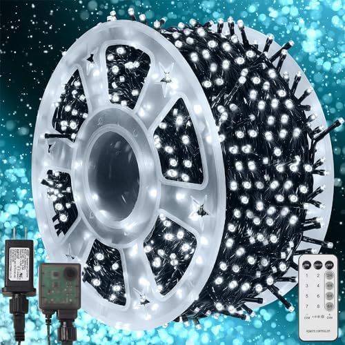 WATERGLIDE 1000 LED Christmas String Lights, 328 FT Green Wire LED Decorative Fairy Lights with Remote & 8 Modes, Waterproof for Outdoor Xmas Holiday Party Garden Wedding Home Decor, Cool White