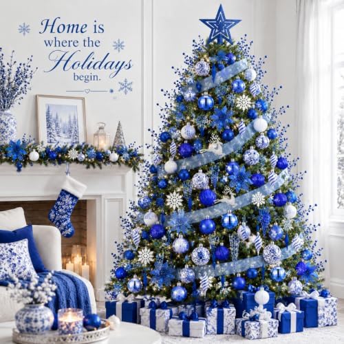 CroBlissful 118 Pcs Royal Blue Christmas Tree Decoration Set Including Ball Deer Ornament, Mesh Ribbon, Snowflake Icicle, Trees Top Star, Flower, Berries Stem Chinoiserie Christmas Decor for Xmas Tree