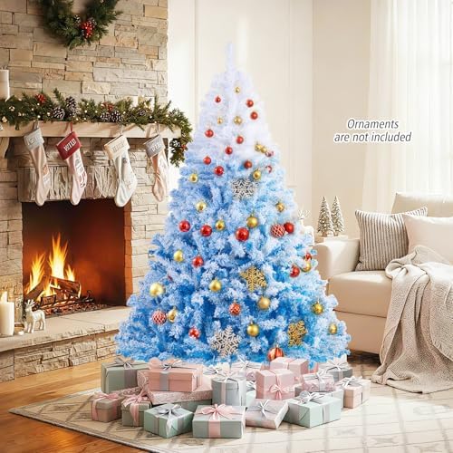HAPPYGRILL 6 FT Flocked Christmas Tree Blue Hinged Xmas Tree with 820 Branch Tips & Folding Metal Stand, Artificial Christmas Tree for Home Office Carnival