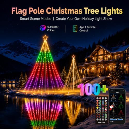 14FT Outdoor Christmas Tree Lights for Flagpole, DIY Music Sync App Control