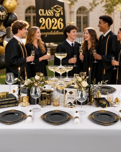 Nervure 175Pcs Black Plastic Plates, Disposable Party Plates for 25 Guests