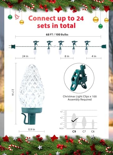 Brightown C9 LED Christmas Lights Outdoor, 68 Feet 100 LED C9 String Lights with 100 Spring Clips, Waterproof Connectable Christmas Tree Lights for Outside Roofline Patio Home Xmas Decor, Pure White