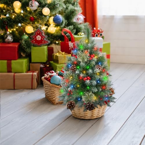 Christmas Tree Urn Filler with Timer, Pre-lit Warm White & Multi-Color Changing LED Lights, Artificial Xmas Tree for Porch, Pathway, Yard, Outdoor Holiday Decoration (2, Tree with Snow)