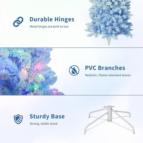 GarveeHome 6 ft Prelit Artificial Christmas Tree with RGB & Warm White Lights, Pre-Lit Snow Flocked Pencil Christmas Tree, Foldable Base,Holiday Decoration for Home, Office, Party,Blue Gradient