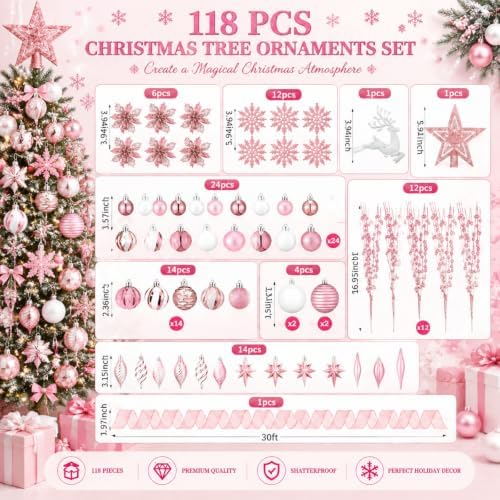 CroBlissful 118 Pcs Christmas Tree Ornaments Set Including Ornaments Balls, Mesh Ribbon,Hanging Snowflakes Icicle, Tree Top Star, Flower, Berries Stems for Xmas Trees Holiday Decor(Pink)