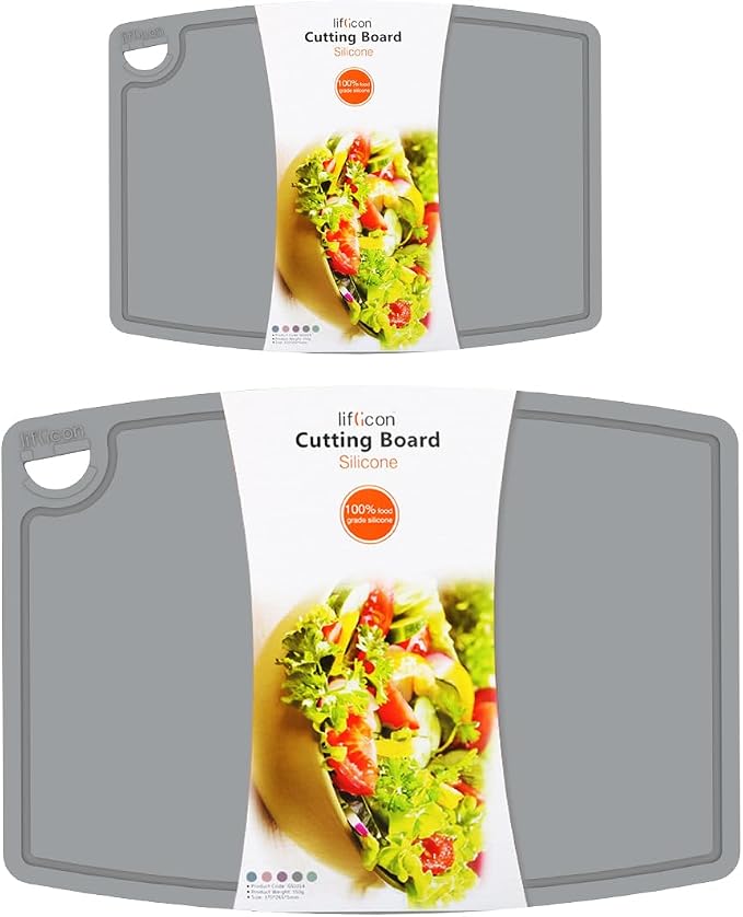 Thick Cutting Boards for Kitchen Silicone Chopping Board Set of 2 Mid 12.6'' x 9.1”,Mini 9.1”x7.1” Non-slip Deep Drip Juice Groove Easy Grip Handle,Dishwasher Safe-Gray