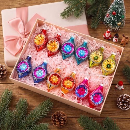 12pcs 4.1'' Vintage Christmas Glass Tree Ornament with Reflector, Oval