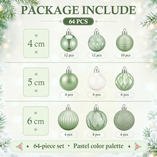 Lunmon 64 Pcs Sage Green Christmas Ornaments Iridescent White Xmas Bulbs