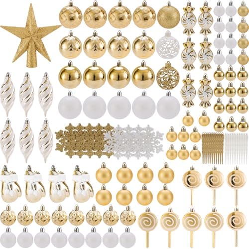130 Pcs Gold & White Christmas Ball Ornaments, Shatterproof