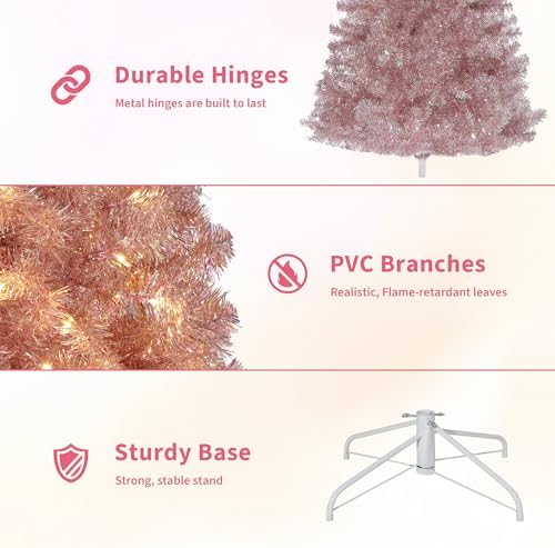 GarveeHome 6 ft Prelit Artificial Christmas Tree with 250 Warm White Lights, Pre-Lit Snow Flocked Pencil Christmas Tree, Foldable Base,Holiday Decoration for Home, Office, Party,Rose Gold Tinsel