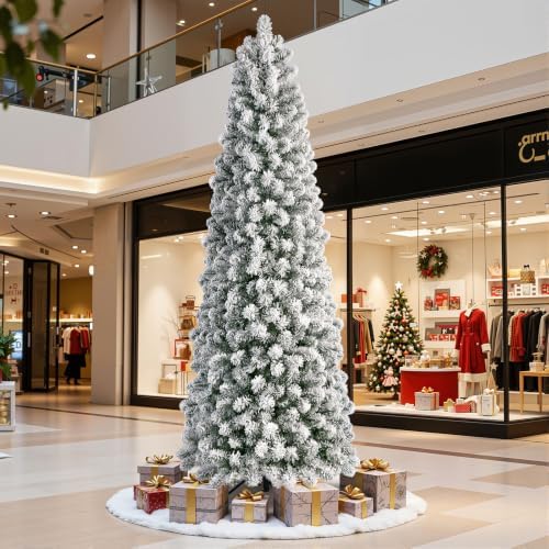 SHareconn 9ft Prelit Snow Flocked Artificial Slim Pencil Christmas Tree