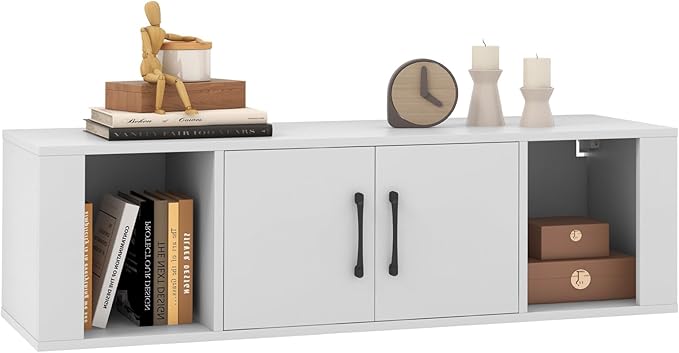 Giantex Wall Mounted Storage Cabinet 2 Cube Floating Media Hanging Desk W/2 Doors and 2 Open Shelves, Home Office Furniture for Kitchen, Bathroom, Living Room Floating Console Hutch (White)