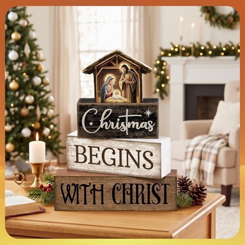 Moucuny 4 Pcs Christmas Table Decoration Christmas Begins with Christ Signs