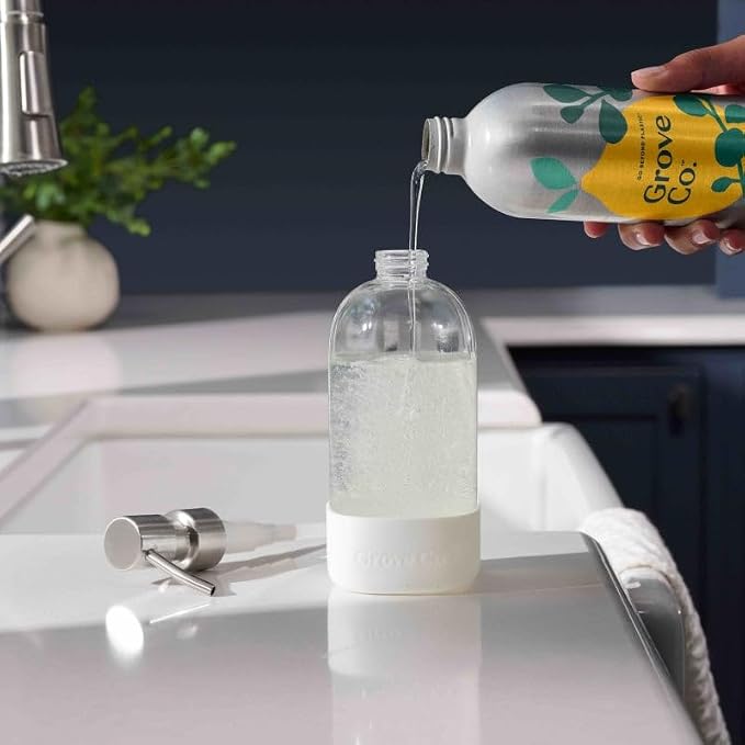Grove Co. Apple & Pear Blossom Dish Soap Refill Bundle, 3-Pack of 16 oz Aluminum Bottles with Reusable Glass Soap Dispenser, Natural Fragrance Grease-Cutting Plant-Based Formula