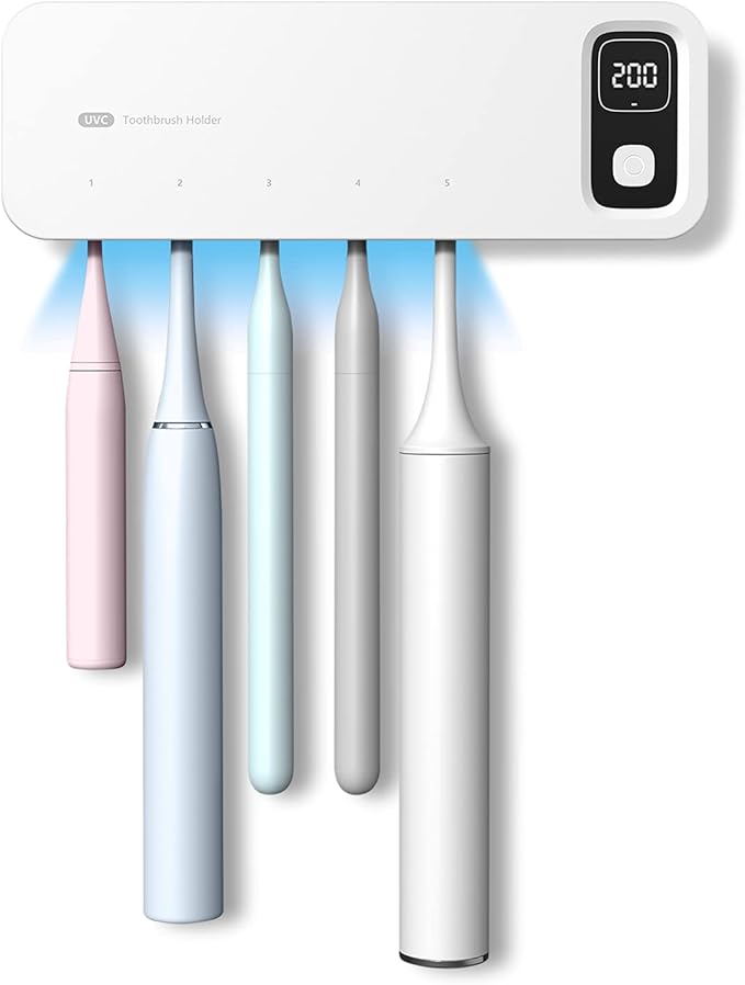 StarWin UV Toothbrush Dryer Holder, Fan Drying and Timer Function, Rechargeable Tooth Brush Holder Wall-Mounted for Bathroom, No Drilling, 5 Slots