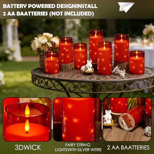 kakoya Flameless LED Candles with Timer 12 Pc Flickering Flameless Candles for Romantic Ambiance and Home Decoration Stable Acrylic Shell,with Embedded Star String，Battery Operated Candles(Red)