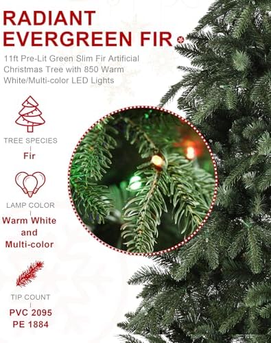 Glitzhome 11ft Prelit Artificial Christmas Tree,Radiant Evergreen Fir with 850 Warm White/Multi-color LED Lights,9 Function,w/Remote Control,Holiday Décor w/Easy Assembly,Metal Hinges & Foldable Base