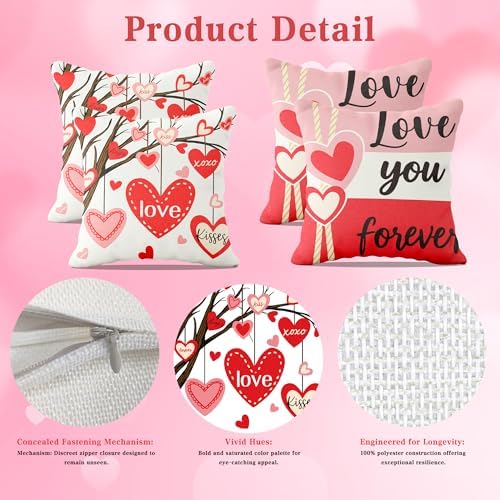 OHOME Valentines Day Decorations -Valentine's Pillows Covers 18x18 Inch Heart Throw Pillows - Valentines Decor Party Favors Supplies Accessories Indoor Outdoor for Galentines Day Home Couch Office