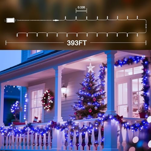 393 FT Christmas Lights 1000 LED Xmas Lights Outdoor Christams String Lights Waterproof 8 Modes & Timer, Fairy Lights Plug in for Weeding, Patio, Party, Holiday,Christmas Decor (Blue)