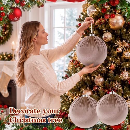 Weysat 6 PCS 8" Extra Large Velvet Christmas Ball Ornaments, Khaki