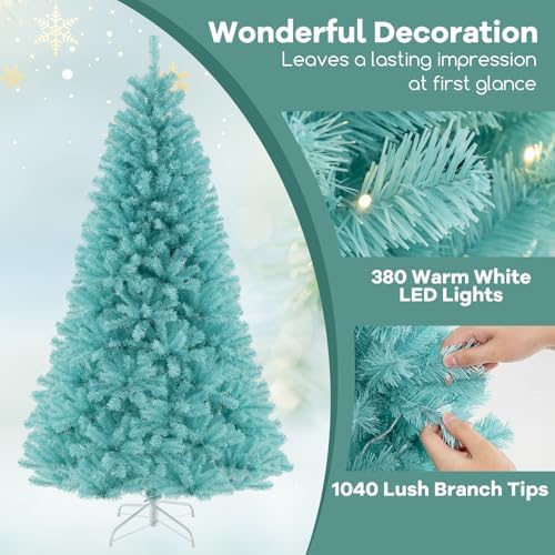 HAPPYGRILL 7 FT Pre-lit Artificial Christmas Tree Blue Hinged Xmas Tree with 1040 Branch Tips, 380 Warm White LED Lights & Folding Metal Stand, Pre-Lit Holiday Decoration Tree for Home Office