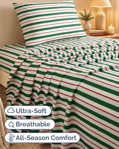 Christmas Sheet Set, Cabana Stripe, Holiday Xmas Bedding Set - Twin Size