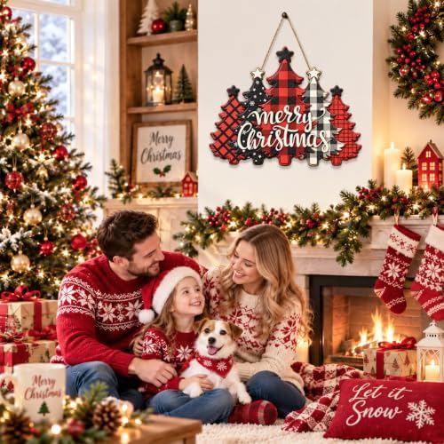 Christmas Decorations Buffalo Plaid Christmas Tree Hanging Wooden Sign