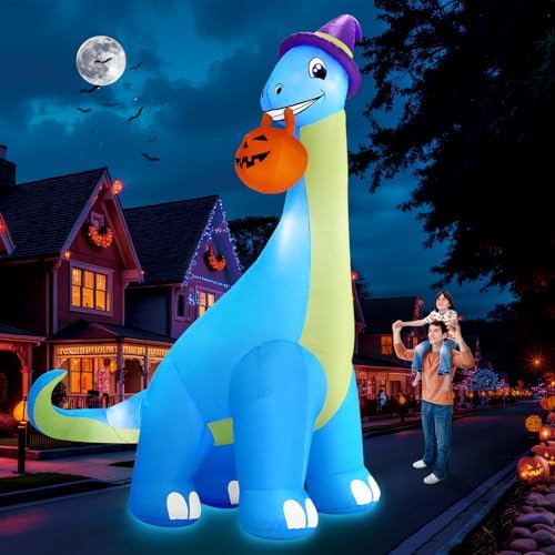 zukakii 13Ft Giant Halloween Inflatable Decorations Dinosaur, Build-in LEDs & Strong Blower Bite Huge Pumpkin with Witch Hat Large Blow Up Halloween Yard Outdoor Indoor Holiday Party