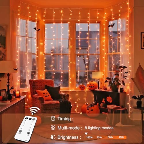 JMEXSUSS 300LED Orange Halloween Curtain Lights with Remote, 9.8x9.8ft