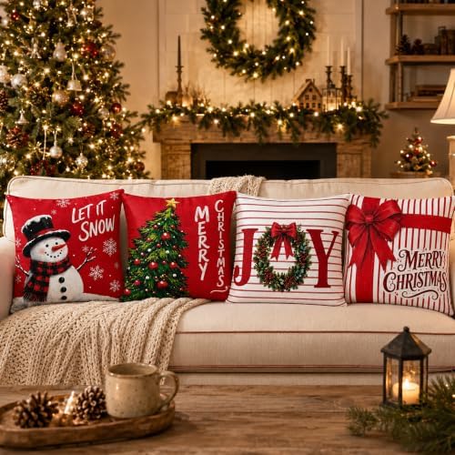 Christmas Decorations - Set of 4 Double-Sided Print Christmas Pillow Covers