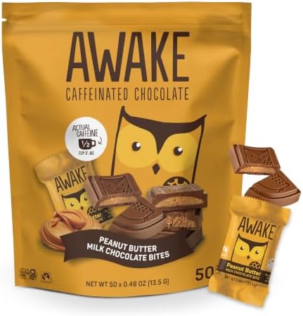 AWAKE - Caffeinated Chocolate Bites - Peanut Butter Milk Chocolate, 50 pieces - 50mg Caffeine - Wrapped Energy Bites - Coffee Alternative - Fairtrade, Gluten Free, Non GMO - 0.48oz