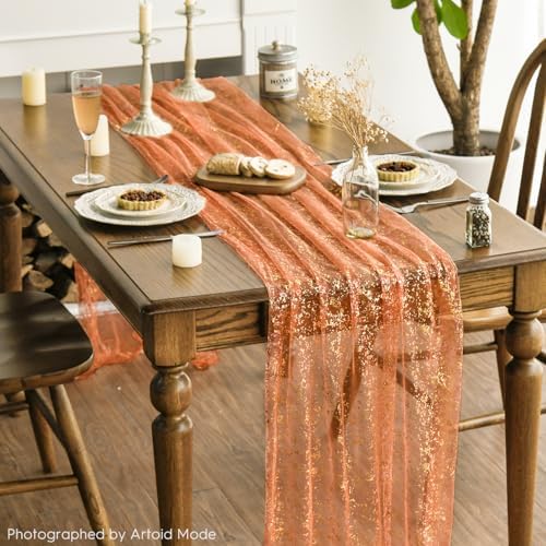 Artoid Mode Orange Gold Gauze Table Runner 59x120 Inch 10FT, Glitter Metallic Foil Sheer Dining Wedding Anniversary Holiday Table Decor for Home Party