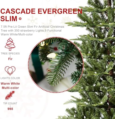 Glitzhome 7.5ft Artificial Prelit Christmas Tree, Cascade Evergreen Slim Christmas Tree with 350 Strawberry Lights,998 PE&PVC Tips, 9 Functional Warm White/Multi-Color, Remote Controller