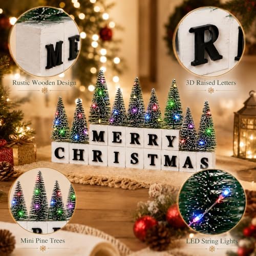 Christmas Table Decor with Multicolor Lighted Mini Trees and 3D Letters