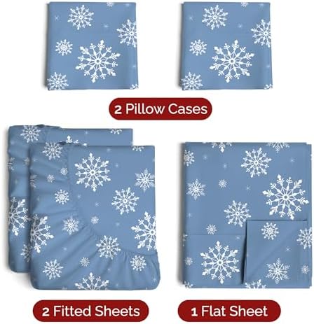 Christmas Sheet Set, Blue Snowflakes, Holiday Xmas Bedding Set - Split King