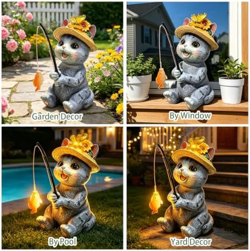 Solar Garden Cat Statues, Outdoor Fishing Cat with Butterfly Solar Lights
