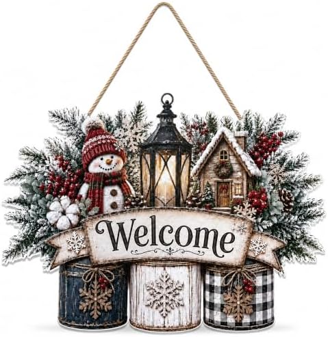 Christmas Decorations - Winter Snowman Welcome Wooden Sign for Front Door
